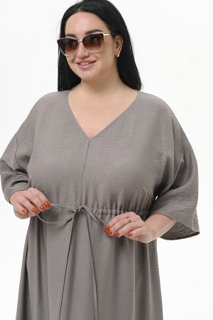 Платье с V-вырезом и кулисой под линией груди из фактурной вискозы, цвет "капучино"