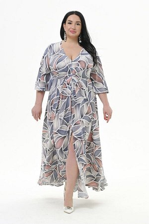 Платье длинное, с разрезом спереди, принт "серо-коралловый" *