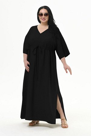 Платье с V-вырезом и кулисой под линией груди из фактурной вискозы, цвет "черный"