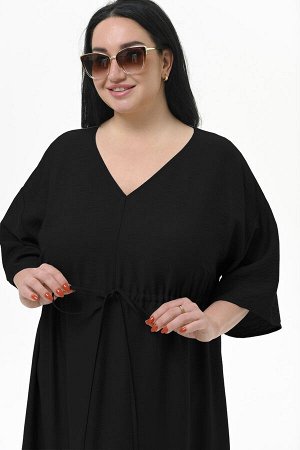 Платье с V-вырезом и кулисой под линией груди из фактурной вискозы, цвет "черный"