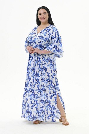 Платье длинное с V - вырезом, с кулисой под линией груди, штапель принт "синяя роспись" *