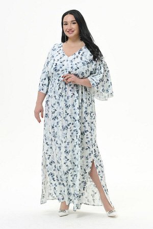 Платье длинное с V - вырезом, с кулисой под линией груди, штапель, принт "цветочная дымка"