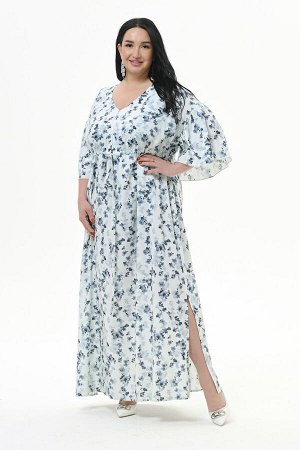 Платье длинное с V - вырезом, с кулисой под линией груди, штапель, принт "цветочная дымка"