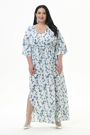 Платье длинное с V - вырезом, с кулисой под линией груди, штапель, принт "цветочная дымка"