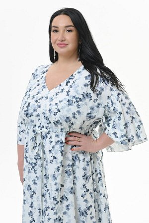 Платье длинное с V - вырезом, с кулисой под линией груди, штапель, принт "цветочная дымка"