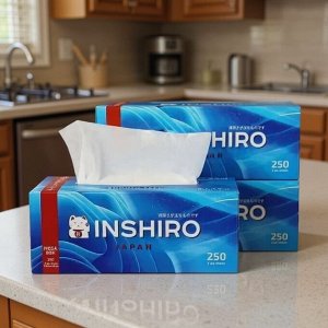 Салфетки бумажные в коробке INSHIRO Mega Box 2 слоя, белые, синяя коробка, 250 шт./коробка