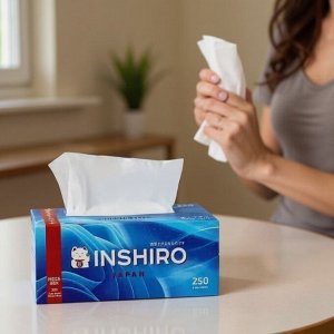 Салфетки бумажные в коробке INSHIRO Mega Box 2 слоя, белые, синяя коробка, 250 шт./коробка