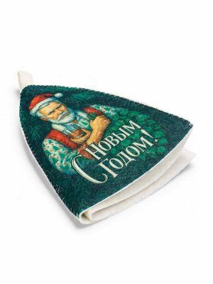 Шапка для бани и сауны, с принтом «С новым годом! Дед Мороз с веником и бокалом », полиэфир 70%, шерсть 30%, «Банная забава»