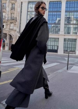 ПАЛЬТО С ВЫСОКИМ ВОРОТНИКОМ ИЗ МЯГКОЙ ТКАНИ С ПОЯСОМ арт. 3046369 802, темно-серый