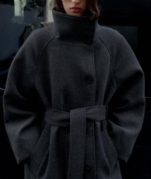 ПАЛЬТО С ВЫСОКИМ ВОРОТНИКОМ ИЗ МЯГКОЙ ТКАНИ С ПОЯСОМ арт. 3046369 802, темно-серый