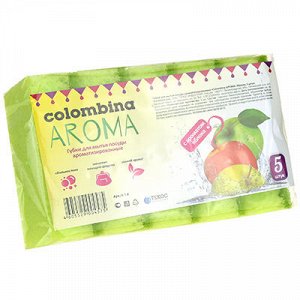 Губка для посуды "Коломбина" 10х7х3см, поролон, абразивная фибра, арома - яблоко, набор 5шт (Россия)