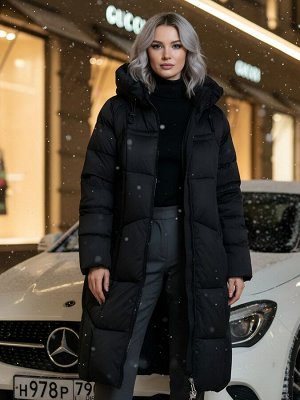 Пальто зимнее утепленное с капюшоном женское черного цвета 7702Ch