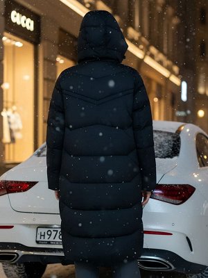 Пальто зимнее утепленное с капюшоном женское черного цвета 7702Ch