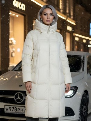 Пальто зимнее утепленное с капюшоном женское бежевого цвета 7702B