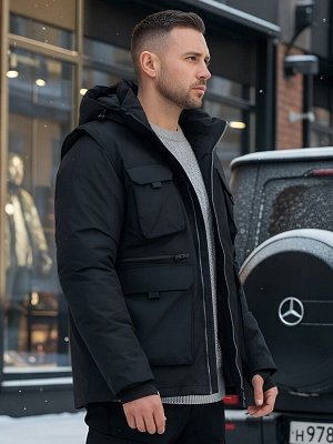 Куртка - жилетка трансформер 2 в 1 мужская зимняя черного цвета 2409Ch