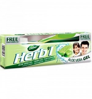 Зубная паста (гель) c алое вера DABUR HERB'L Toothpaste ALOE VERA (антибактериальная, от зубного налета) with Toothbrush  + зубная щётка ср. жесткости