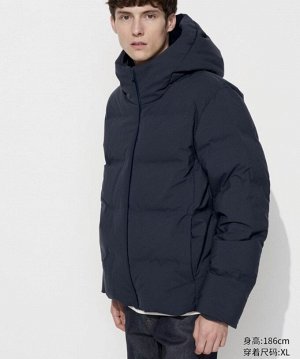 Мужская бесшовная куртка с капюшоном/пуховик, теплая повседневная куртка 470077 темно-синяя