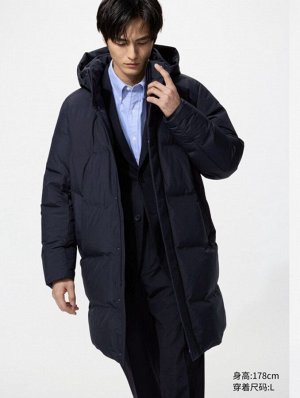 Мужской/унисекс бесшовный пуховик/куртка с капюшоном, средней длины, 478280 темно-синий