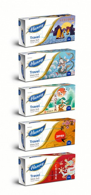 Салфетки-выдергушки HANNY "TRAVEL", 3 слоя, 120 штук в картонном боксе, продажа стяжками по 5 боксов