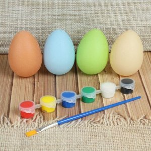 Набор яиц под раскраску 4 шт, размер 1 шт 5*7 см, краски 6 шт по 3 мл, кисть, цвета МИКС