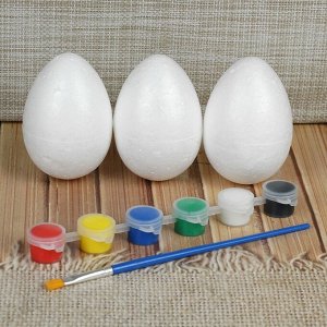 Набор яиц под раскраску 3 шт, размер 1 шт 6*8 см, краски 6 шт по 3 мл, кисть