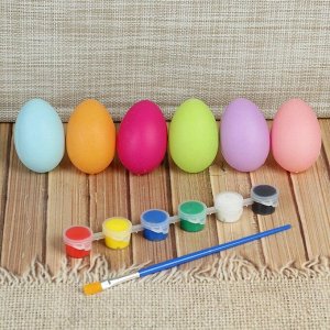 Набор яиц под раскраску 6 шт, размер 1 шт 4*6 см, краски 6 шт по 3 мл, кисть, цвета МИКС