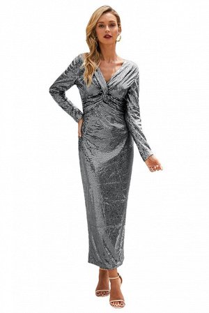 Серебристое в пайетках платье-русалка с узлом в V-образном вырезе