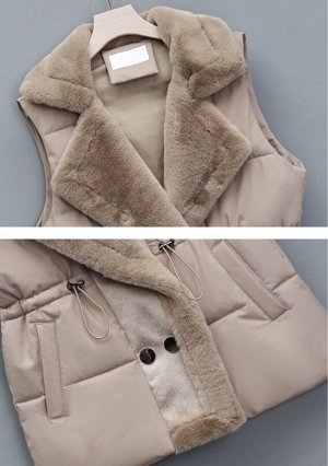 Женский тёплый жилет приталенный с меховым воротником, бежевый