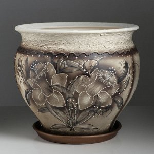 Кашпо "Нарциссы", роспись, коричневое, керамика, 16 л