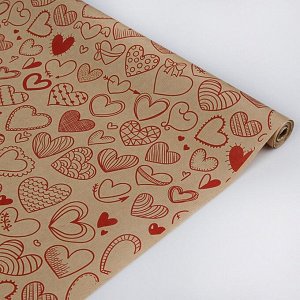 Бумага упаковочная крафт "Сердечки фигурные", красный, 40 г/м2, 0,72 х 10 м