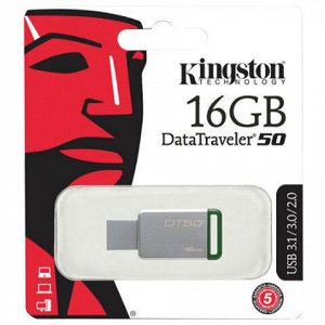 Флэш-диск 16 GB KINGSTON DataTraveler 50 USB 3.0, металлический корпус, серебристый/зеленый, DT50/16GB