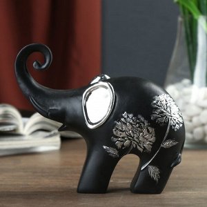 Сувенир полистоун "Чёрный слон с серебряными ушками" серебряный цветок 13х11х4 см