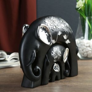 Сувенир полистоун "Чёрный слон со слонятами" серебряный цветок (набор 3 шт) 15,3х20,5х6 см