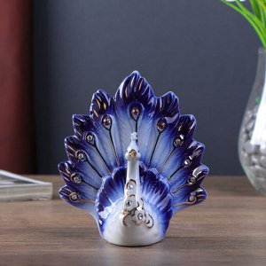 Сувенир керамика "Павлин с цветами на грудке" синий, стразы 12,5х11,5х6,5 см