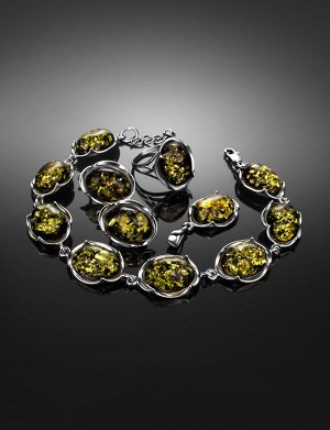 Красивое кольцо «Лион» из серебра и натурального зелёного янтаря, 906305019