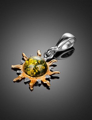 Небольшой кулон из серебра с позолотой и натурального зелёного янтаря «Гелиос», 901705071