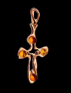 Крестик из серебра в золоте, украшенный коньячным янтарём, 809204169