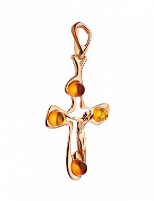 Крестик из серебра в золоте, украшенный коньячным янтарём, 809204169