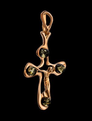 Изящный позолоченный крестик с натуральным янтарём зелёного цвета, 809204168