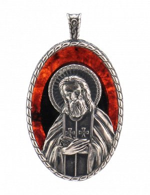 «Преподобный Серафим Саровский». Подвеска-образок из полупрозрачного янтаря вишнёвого цвета в серебре, 609206172