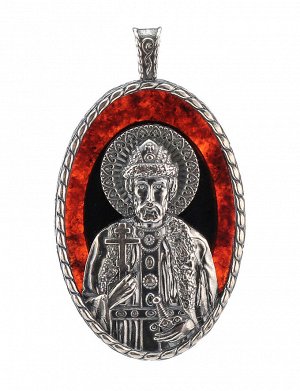 «Святой благоверный князь Игорь». Подвеска-образок из полупрозрачного янтаря вишнёвого цвета в серебре, 609206170
