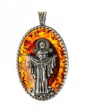 «Богоматерь Покрова». Подвеска-образок из полупрозрачного янтаря коньячного цвета в серебре, 5092212393