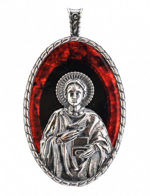 «Великомученик и целитель Пантелеймон». Подвеска-образок из вишнёвого янтаря с серебром, 609210050