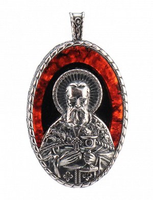 «Святой праведный Иоанн Кронштадтский». Подвеска-образок из полупрозрачного янтаря вишнёвого цвета в серебре, 609206171