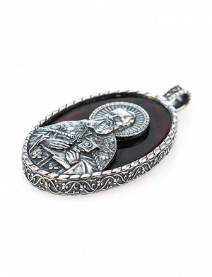 «Святой праведный Иоанн Кронштадтский». Подвеска-образок из полупрозрачного янтаря вишнёвого цвета в серебре, 609206171