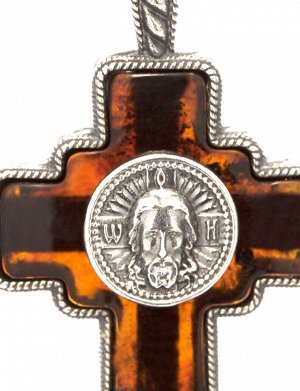 Нательный крестик из серебра с натуральным янтарём коньячного цвета, 6092203414