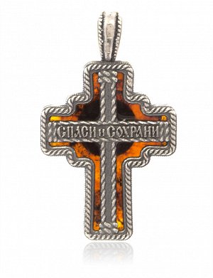 Нательный крестик из серебра с натуральным янтарём коньячного цвета, 6092203414