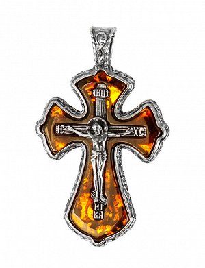 Маленький нательный крестик из полупрозрачного янтаря коньячного цвета в серебряном обрамлении, 509212396