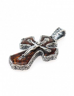 Нательный крестик среднего размера из полупрозрачного янтаря коньячного цвета в серебряном обрамлении, 609206169