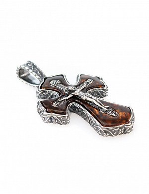 Нательный крестик среднего размера из полупрозрачного янтаря коньячного цвета в серебряном обрамлении, 609206169